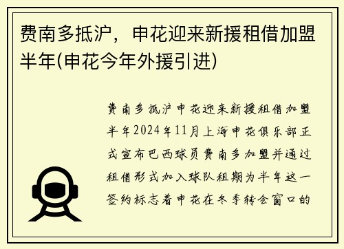 费南多抵沪，申花迎来新援租借加盟半年(申花今年外援引进)