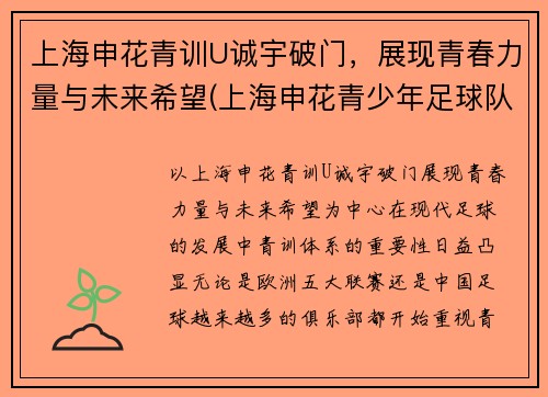 上海申花青训U诚宇破门，展现青春力量与未来希望(上海申花青少年足球队u12)
